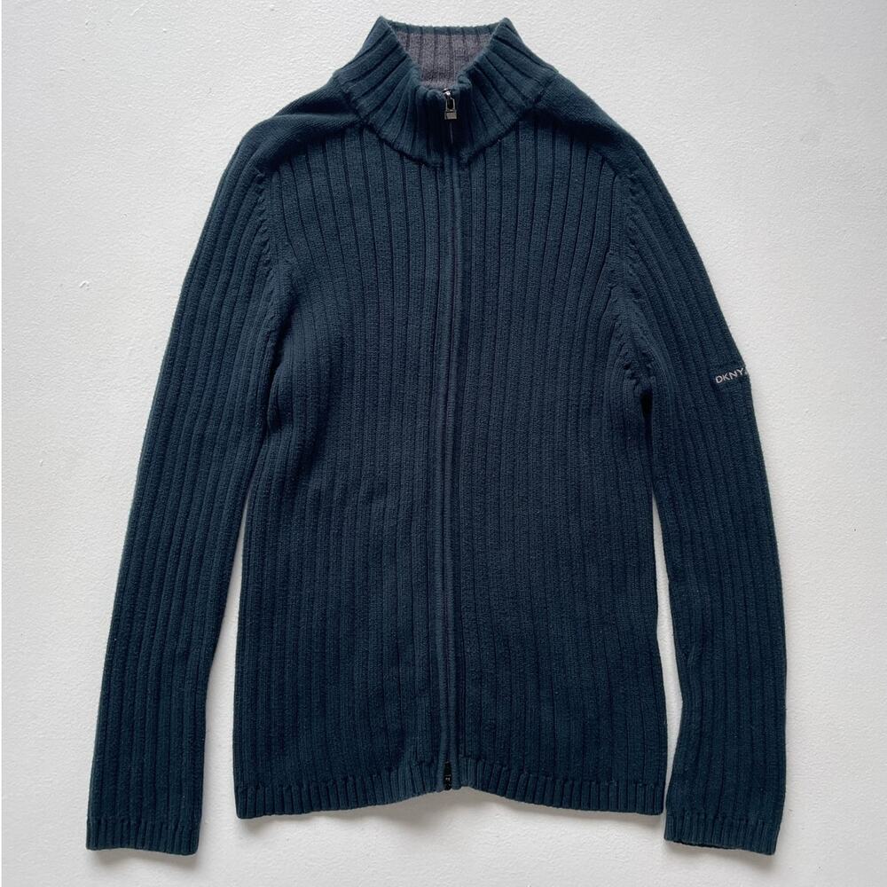 Vtg Y2K DKNY Mens Black Ribbed Cotton Zip Up Cardigan / Sz L / Made in Japan
